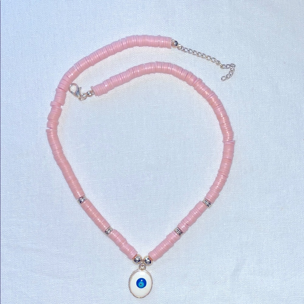 Pink Beaded Necklace with Evil Eye Pendant